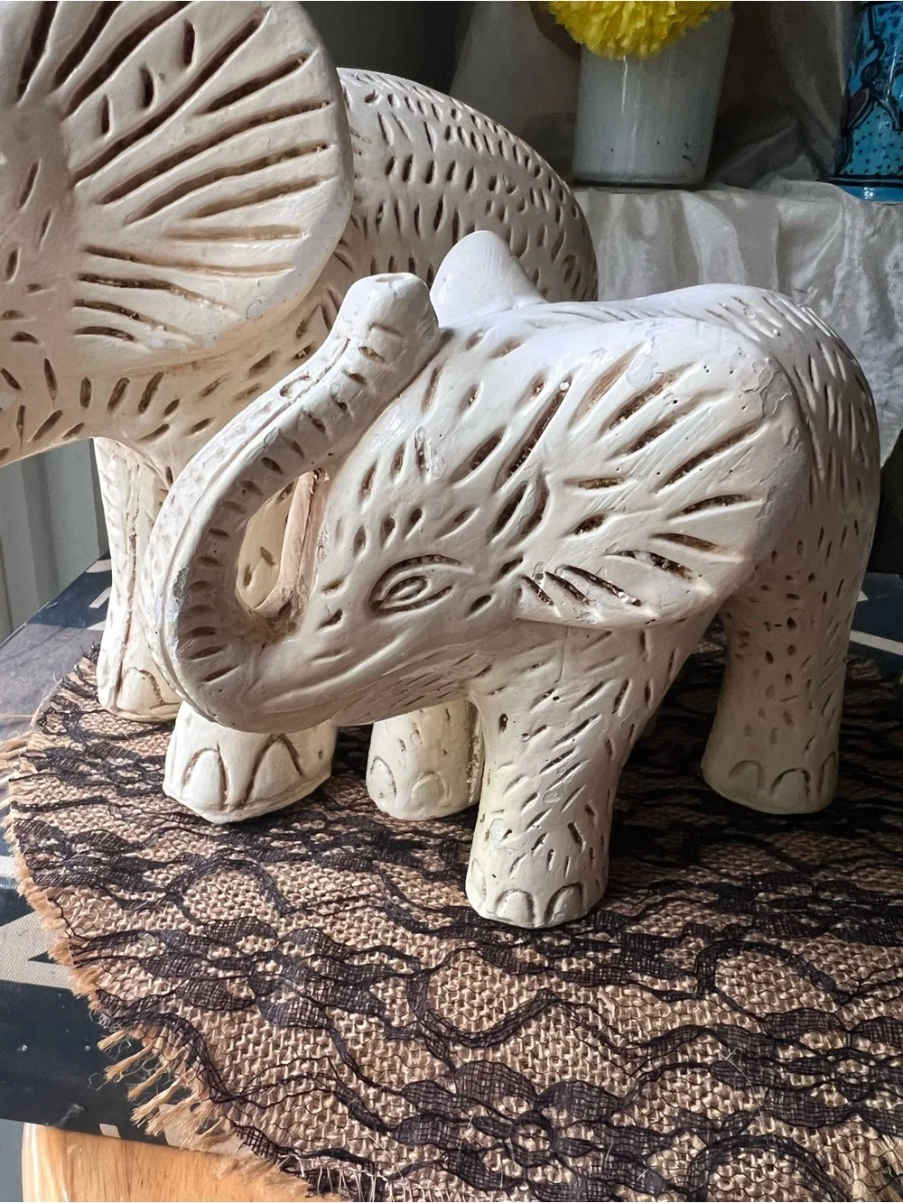 Rustic Boho Talavera Pottery Elephant & Babe Statuettes GUC